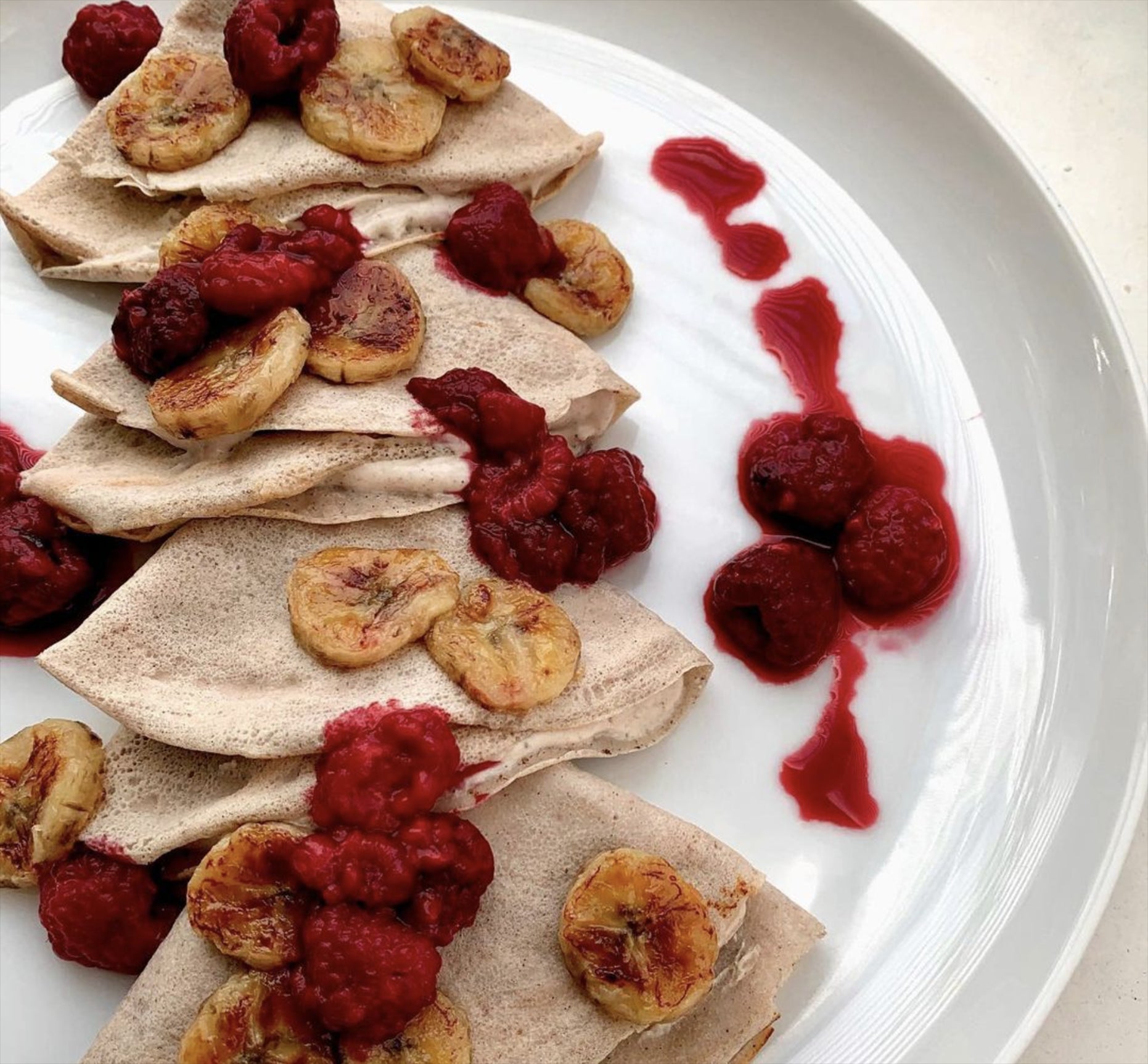 Caramelized Banana and Raspberry Cream Crepes