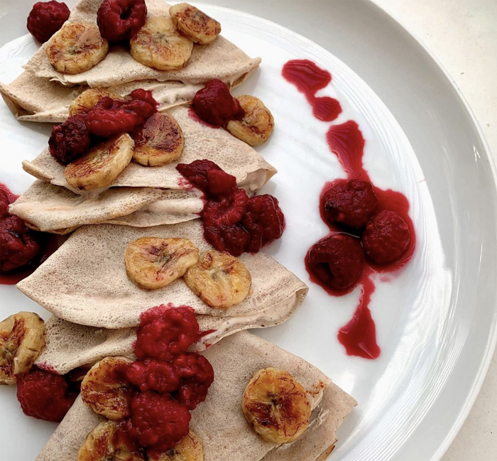 Caramelized Banana and Raspberry Cream Crepes