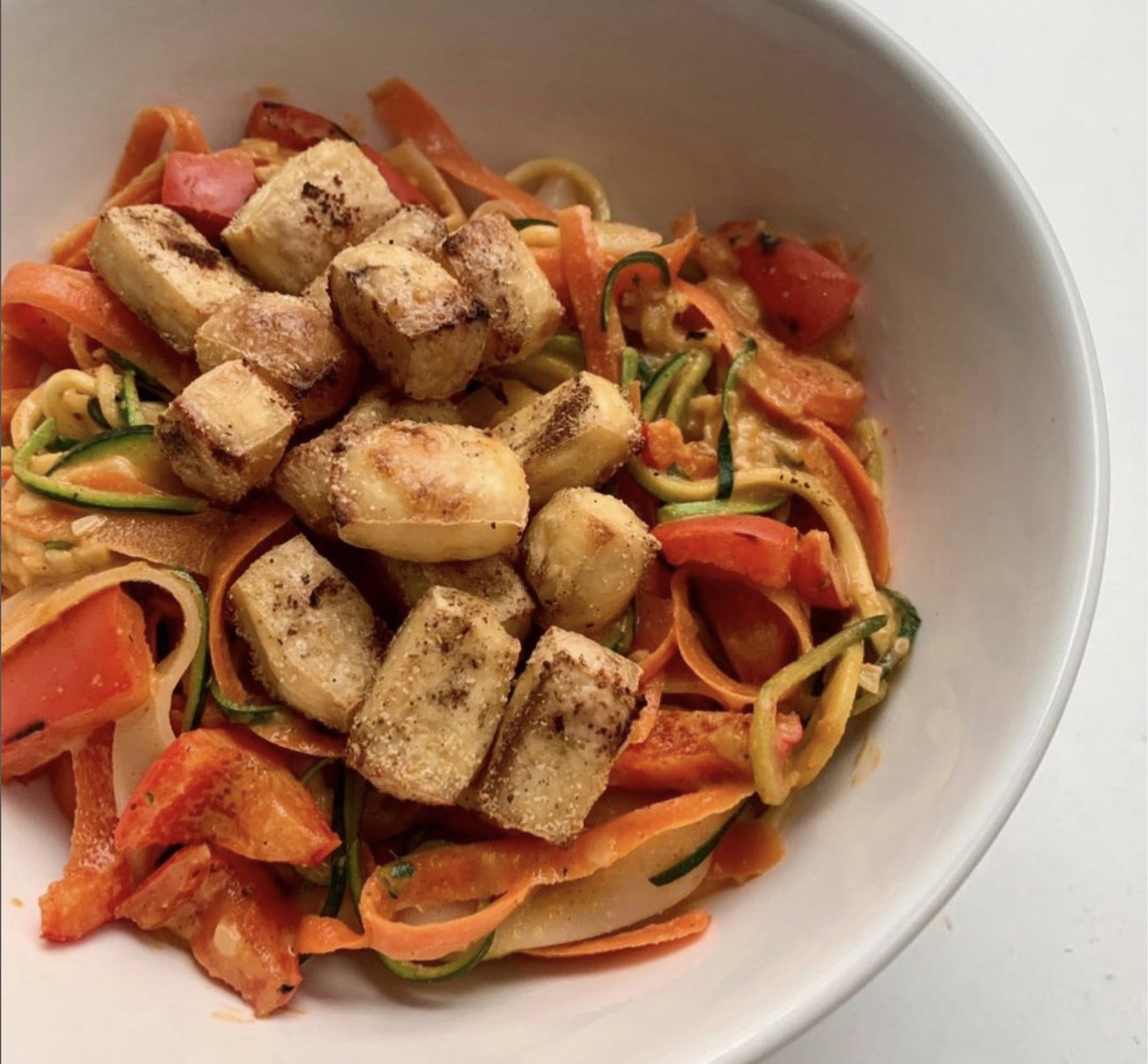 Tahini Noodle Stir-Fry with Crispy Tofu & Dutchman's Gold Organic Liquid Honey